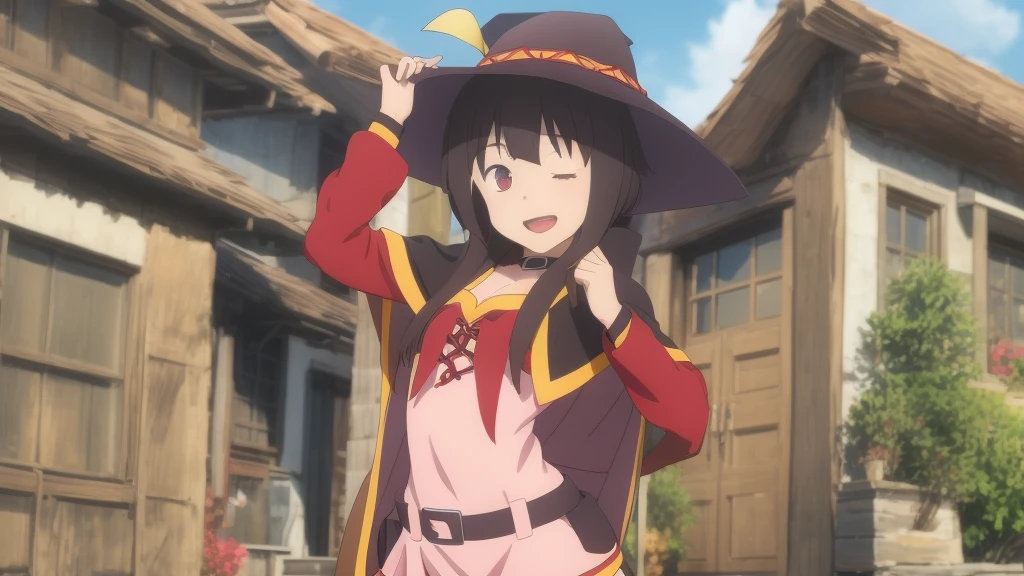 Megumin
Megumin, the main character of the anime "Konosuba", stands in a characteristic pose, dressed in her usual outfit. She looks straight at the viewer, her eyes wide and full of joy. Megumi smiles radiantly, showing her carelessness and friendliness. Her left arm is raised up and slightly bent at the elbow, palm turned forward. The right arm is lowered down and relaxed. The overall background of the image should be bright and colorful to emphasize the cheerfulness of the scene, Meisterwerk, best quality, fanart, drawing, digital drawing