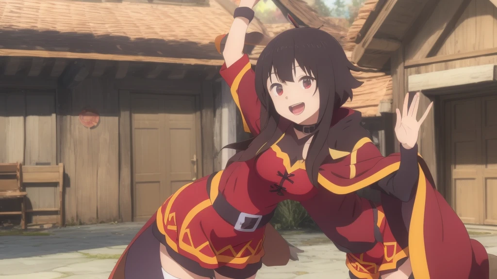 Megumin
Megumin, the main character of the anime "Konosuba", stands in a characteristic pose, dressed in her usual outfit. She looks straight at the viewer, her eyes wide and full of joy. Megumi smiles radiantly, showing her carelessness and friendliness. Her left arm is raised up and slightly bent at the elbow, palm turned forward. The right arm is lowered down and relaxed. The overall background of the image should be bright and colorful to emphasize the cheerfulness of the scene, Meisterwerk, best quality, fanart, drawing, digital drawing