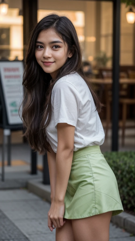 Cute beautiful sexy Busty indian girl light-green-eyed , 22 years old, mini skirt, pumps, walking, full body view, innocent face, face-length 1.3 times the face-width, almond-shaped eyes, squared face-shape, high cheekbones, naturally wavy hair, light-green eyes, high-res, masterpiece, best quality, intricate details, very detailed, sharp focus, detailed skin, realistic skin texture, texture, detailed eyes, professional, 4k, charming smile, shot with Canon, depth of field, Kodak Vision color, perfectly fitting body, extremely detailed, photo_\( ultra\), photorealistic, realistic, post processing, maximum details, roughness, real life, ultrarealistic, photorealism, photography, 8k UHD, photography