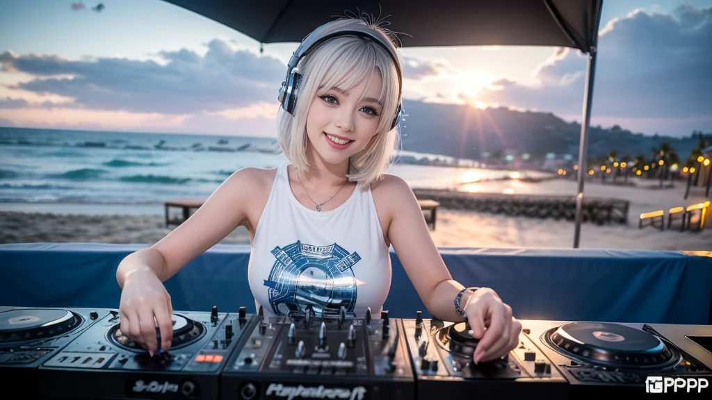 (ultra - detailed, 16K resolution, Cinema lenses, rendering by octane), (high resolution:1.18), intricate detail, (masterpiece:1.1), (highest quality:1.1), (1girl, portrait, white hair, blue eyes, short hair, detailed eyes),Wearing silver DJ headphones, sequined T-shirt, (in the beach:1.5), (Iconic hip-hop pop costumes:1.3), Smile while DJing on stage, DJ studio next to the beach, ((A stylish DJ stage on a hill overlooking the beach)), full body shot, Photorealistic photography by Sunshine, (cute round face:1.3), perfect fingers, five fingers, beautiful hands, perfect hands. master peace, cute smile.