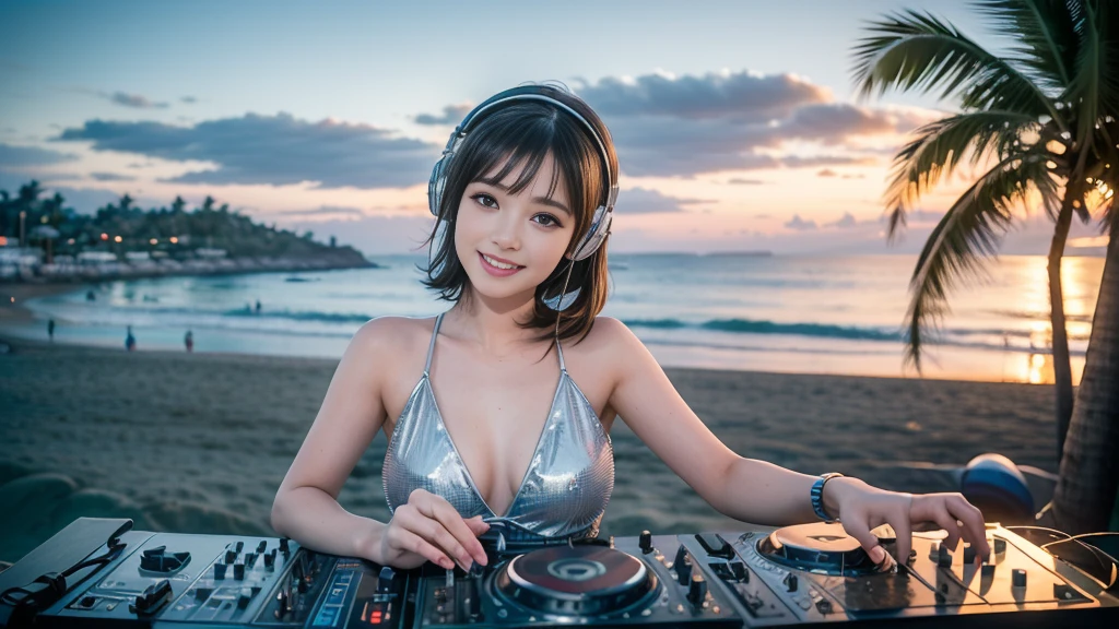 (ultra - detailed, 16K resolution, Cinema lenses, rendering by octane), (high resolution:1.18), intricate detail, (masterpiece:1.1), (highest quality:1.1), (1girl, portrait, white hair, blue eyes, short hair, detailed eyes),Wearing silver DJ headphones, sequined T-shirt, (in the beach:1.5), (Iconic hip-hop pop costumes:1.3), Smile while DJing on stage, DJ studio next to the beach, ((A stylish DJ stage on a hill overlooking the beach)), full body shot, Photorealistic photography by Sunshine, (cute round face:1.3), perfect fingers, five fingers, beautiful hands, perfect hands. master peace, cute smile.