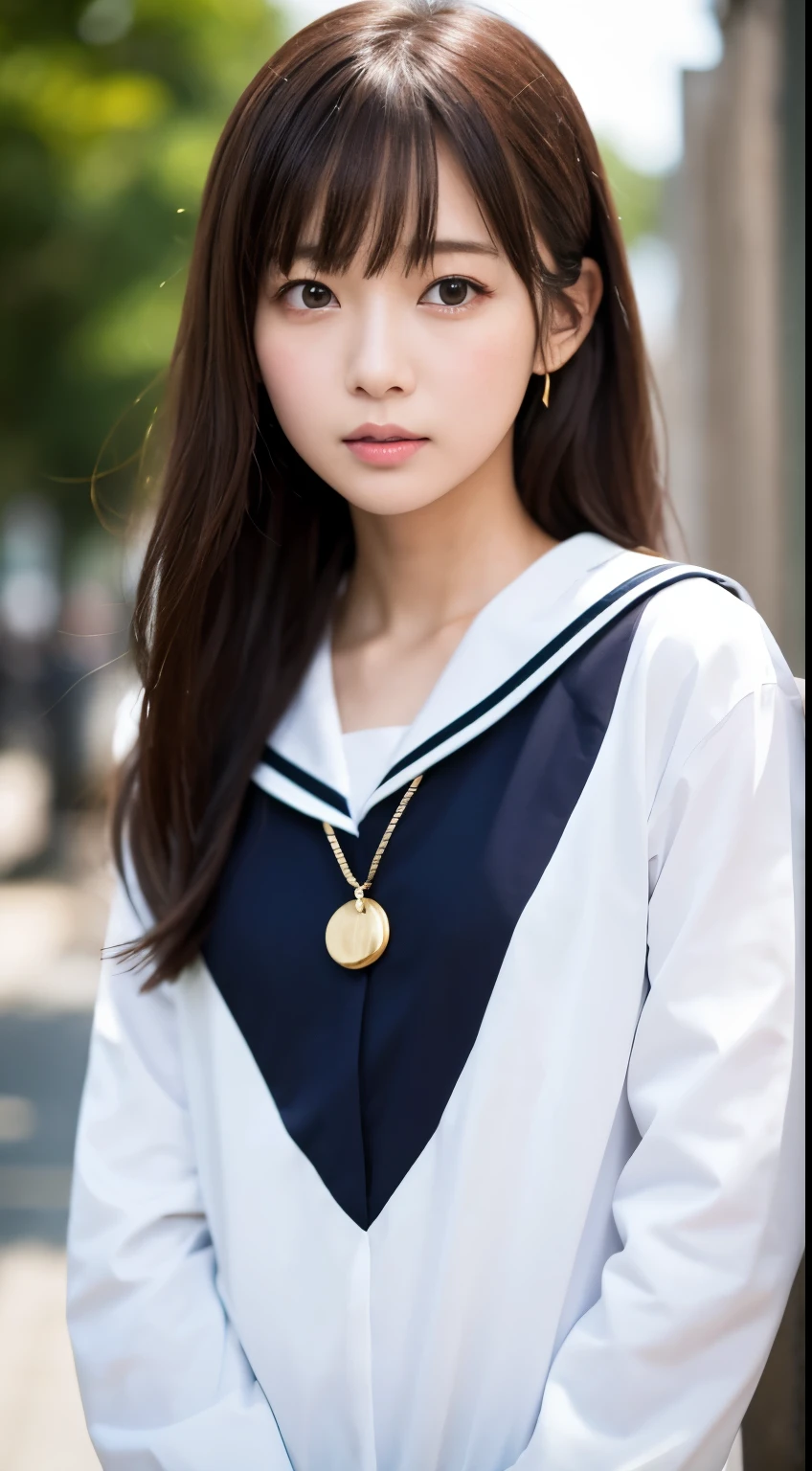 Highest quality、RAW Photos、Real、face、Incredibly beautiful girl、cute、Long Hair、The depth of the boundary is written、High resolution、超detailed、detailed、非常にdetailed、非常にdetailedな目とface、Sharp pupils、Realな学生、Sharp focus、Cinematic lighting、Flat Chest、Small breasts、small、（smallバスト：1.2）、usuallyのバスト、（usually）、Thin、Delicate and sexy collarbone、（Sailor suit：1.2）、（小さな白いブラジャーを披露するためにSailor suitを持ち上げる：1.5）、