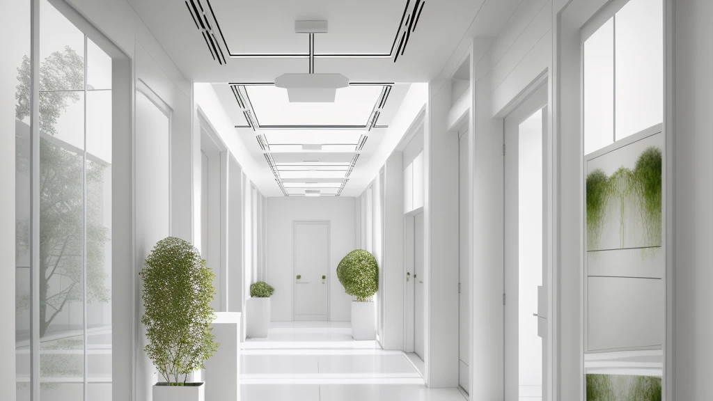 there is a long hallway with a lot of windows and trees, hallway landscape, all white render, infinite hallway, white minimalist architecture, tall entry, inside a tall vetical room, well lit 3 d render, indoor liminal space, liminal space hallway, commercial lighting, corridor, white ceiling, minimalistic and beautiful, white building, crisp smooth clean lines