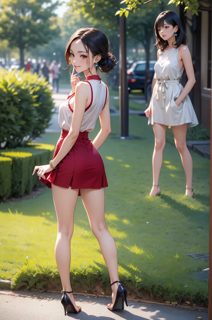 NSFW,(Natural finger shape:1.5),((Full Body Shot,Including face)),Standing position,4K,masterpiece,((Focus on the face)),((Symmetrical facial features)),Eye for detailed depiction,Beautiful woman,Excellent style,Beautiful feet,(Small Ass,Thin thighs),(stockings,High heels),Facial detailing,Small earrings,Low angle photo,((Sleeveless,Red skirt)),Running in a park with lush greenery early in the morning,blue blonde,