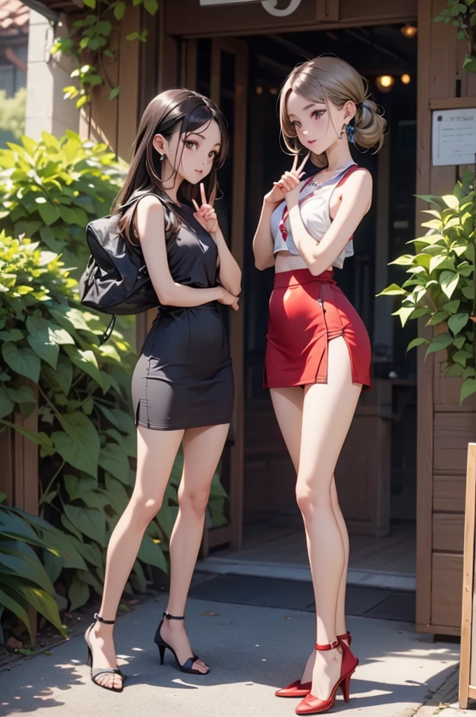 NSFW,(Natural finger shape:1.5),((Full Body Shot,Including face)),Standing position,4K,masterpiece,((Focus on the face)),((Symmetrical facial features)),Eye for detailed depiction,Beautiful woman,Excellent style,Beautiful feet,(Small Ass,Thin thighs),(stockings,High heels),Facial detailing,Small earrings,Low angle photo,((Sleeveless,Red skirt)),Running in a park with lush greenery early in the morning,blue blonde,