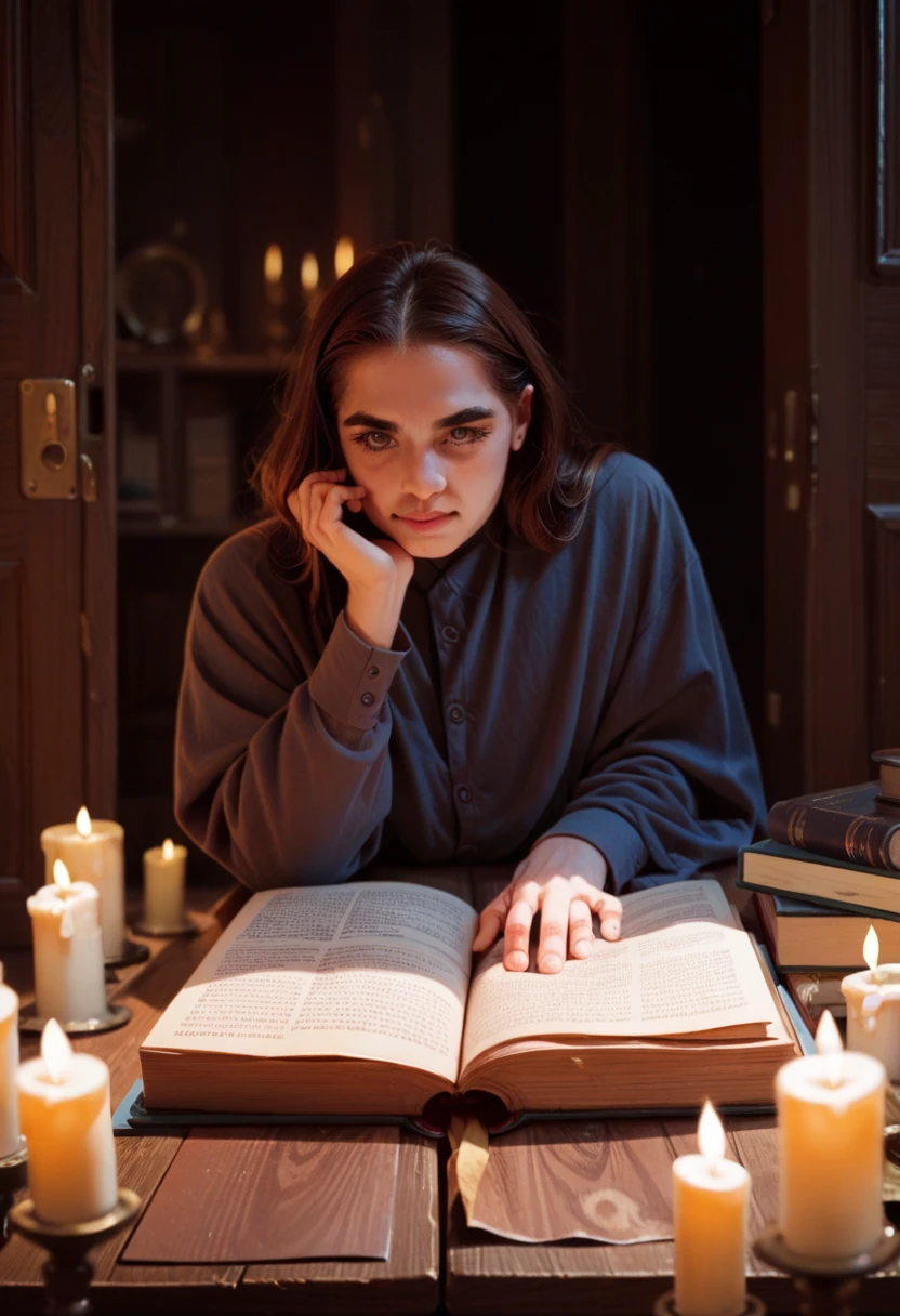 a poet by candle light writing a book, 8k, hyper detailed, miroslava sviridova