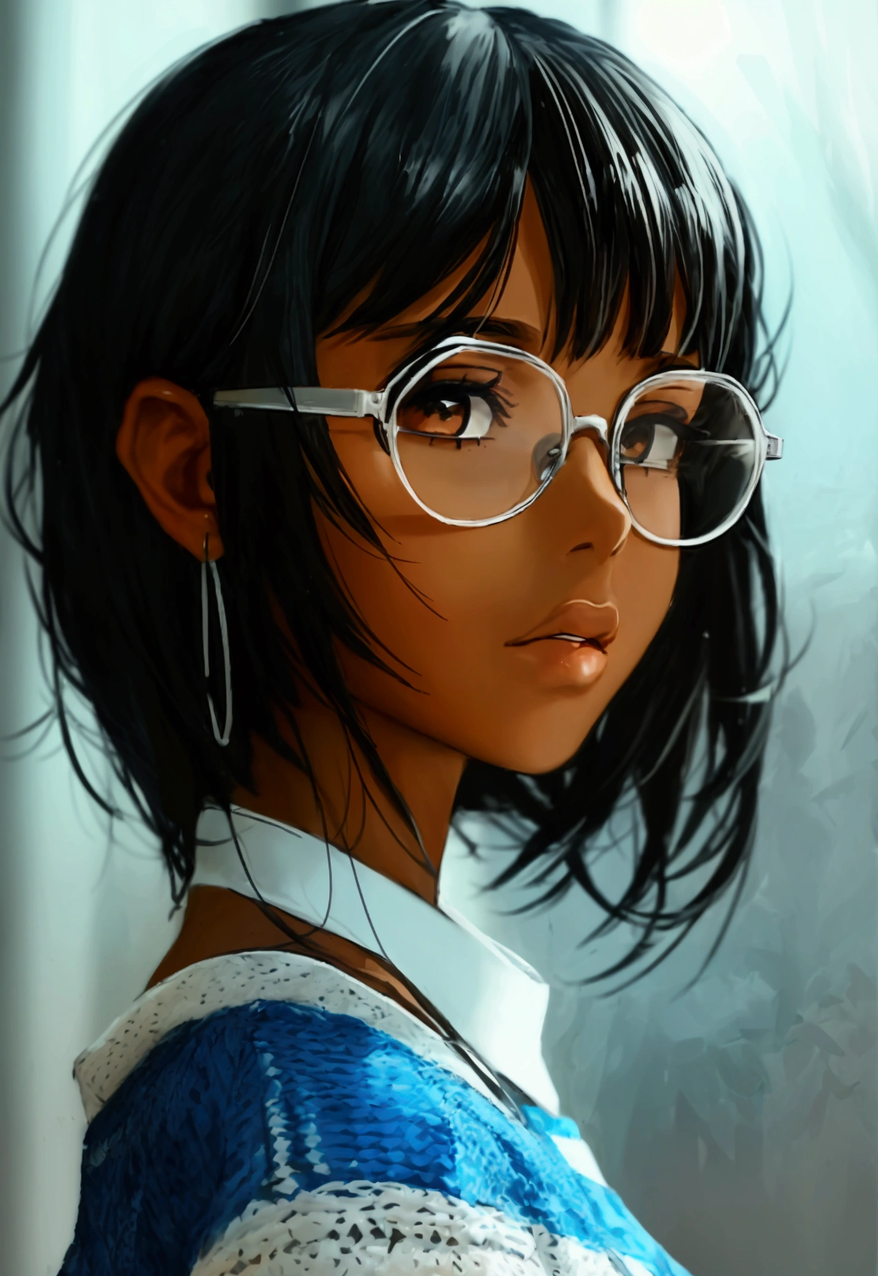 A dark-skinned girl with long black hair and bangs falling to her eyes, black eyes with black square glasses, wearing a blue and white striped sweater.