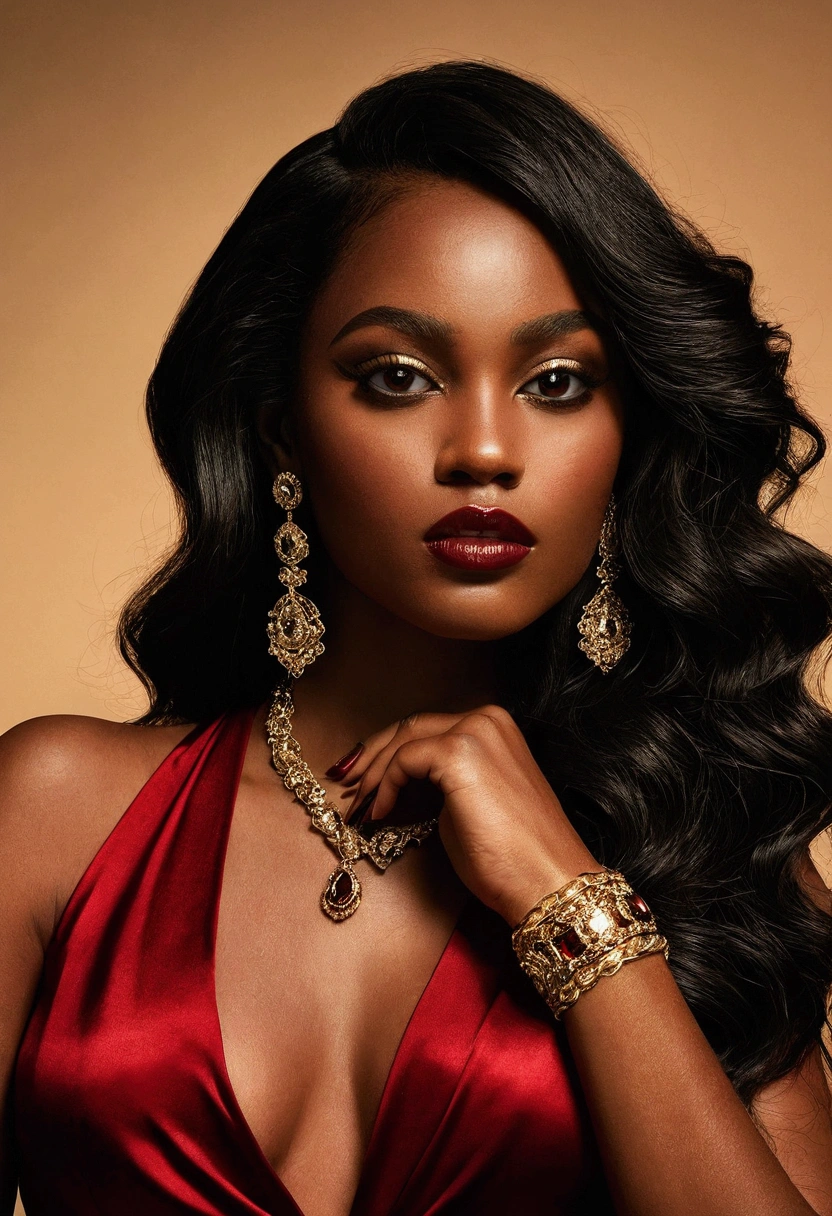 Hyperrealistic portrait of a woman known as "That's it". She has long hair, wavy and jet black, shining under the light. His eyes are big and green, with an intense and penetrating look. Her skin is a soft olive tone., flawless and radiant. Her lips are full and naturally red., contrasting with your skin. She wears a tight red silk dress that accentuates her curves, showing its elegance and sensuality. On his left wrist, a gold bracelet. Her nails are perfectly manicured and painted a deep red. Her eyes are lined with smoky makeup that highlights her look.. The background is neutral, to focus all attention on your figure and expression.