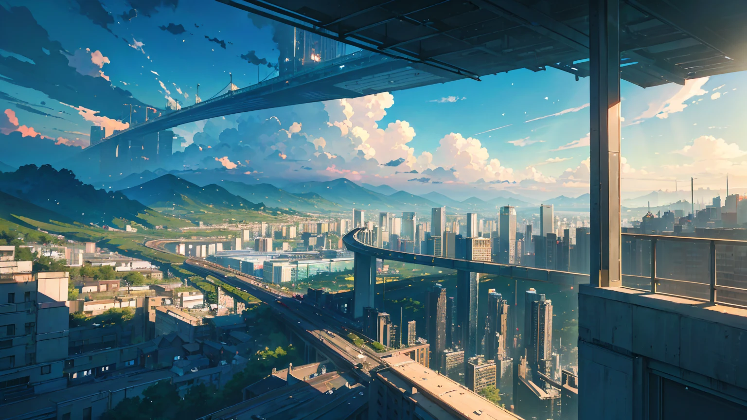 (masterpiece, highest quality:1.2), highest quality, masterpiece, high resolution, anime style, Urban landscape, ultra detailed, landscape illustration, realistic, beautiful cumulonimbus clouds, wide open sky, summer sky, verdant sky, ambiguous boundaries, morning glow, ((Contemporary landscape, Trains running, Buildings in the background, skyscraper)), brilliant morning sun, Sunlight leaking through gaps in buildings