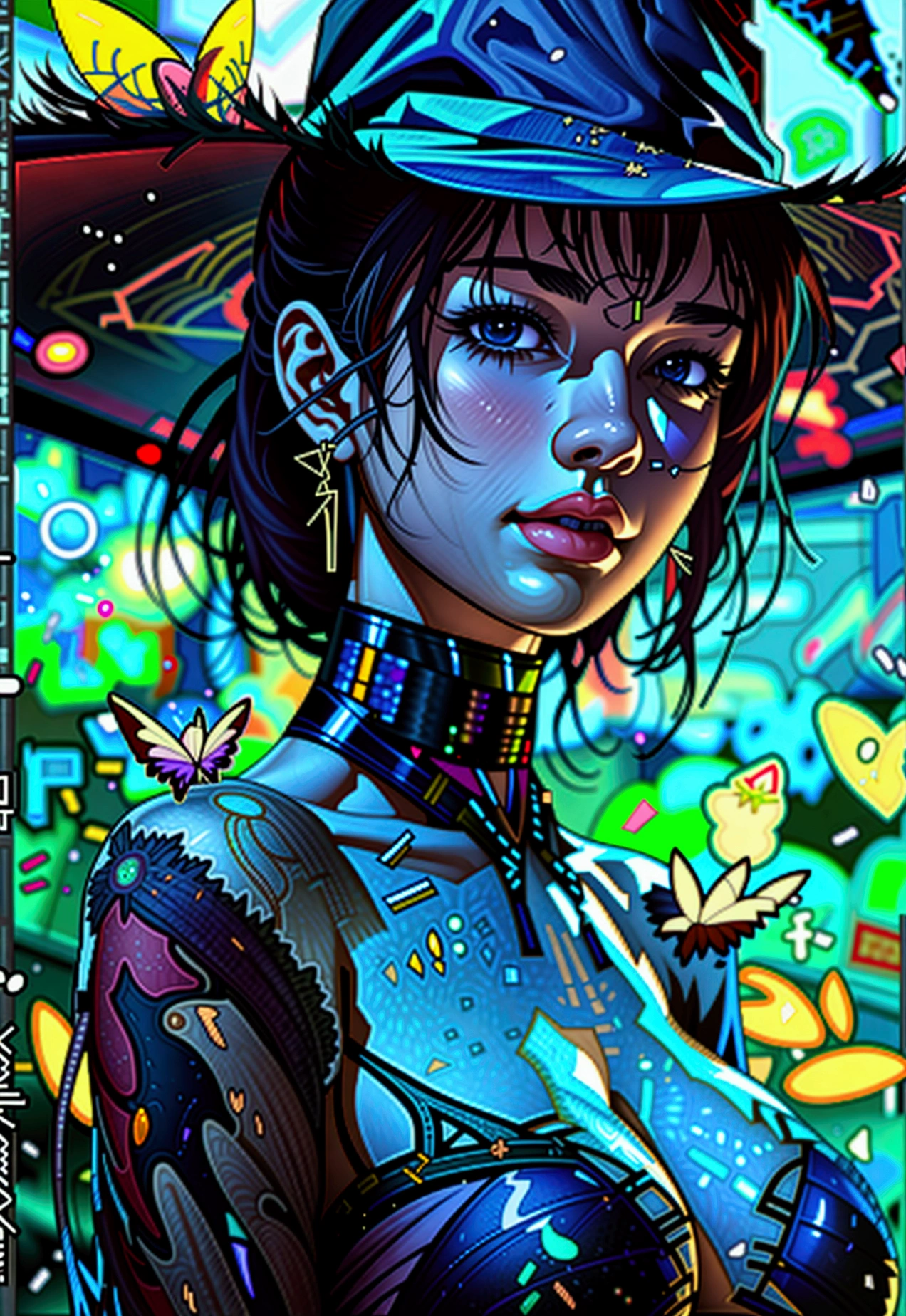 cyber mark, facial markings,Syex photos of the world's most beautiful works of art, illustration, cinematiclight, fancy, highest resolution, top quality, very detailed, best quality, masterpiece, (detailed face), Sexy mature woman wearing a shirt (torn) body completion (transparent galaxy) cloth coat, floating cloth, skeleton flesh, choker, glowing (Senior Crime fancy) Forest plants with neon details, 열린 shoulder, small shiny butterfly, barber jew, wearing a torn witch hat, (focus on body:1.25), night time, Little mutant animals on background, torn miniskirt ,potion on the ass, shoulder, Radiating magical energy, camel toe, dark, Reflection of light, (((nude))), (((Big tits and ass)))