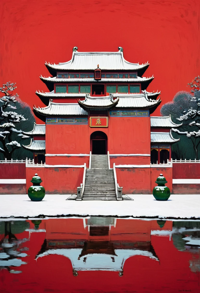 Alan Craddock，Chinese buildings in the distance，palace, symmetry，Snow White，Red background，Minimalist style，Top 50%blank，Integrating into the art of Van Gogh，The 3-point composition rule