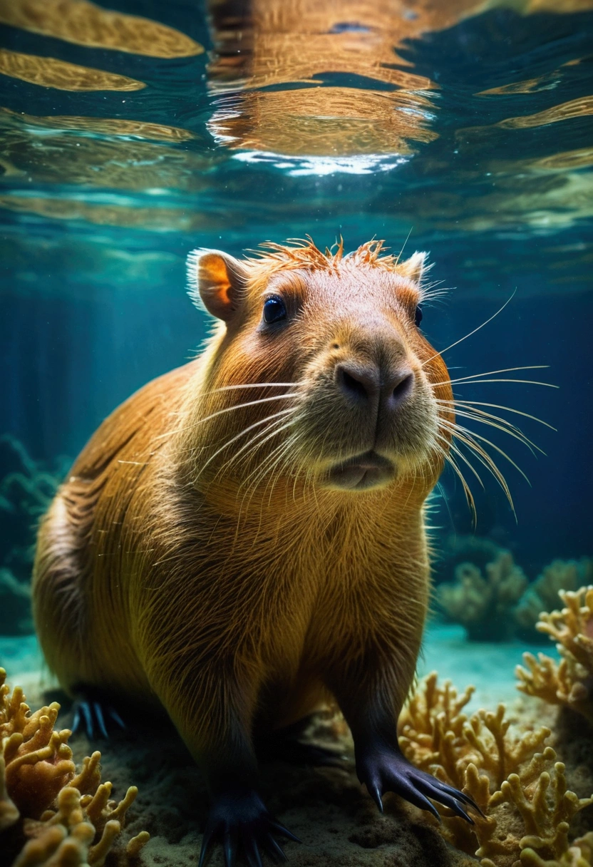 masterpiece,top-quality,Big underwater capybara,Deep sea scenery,Beautiful detailed eyes,Ultra-detailed fur,Floating seaweed,dreamy colors,Soft lighting,hight resolution,nffsw,Ethereal scene in the water,Marine life,Mysterious atmosphere,Tranquility and peace,Underwater coral reefs,Sunlight penetrating the surface of the water,Onylic Landscape,Dreamy underwater journey,Bright blue tones,Magical creatures,peaceful expression