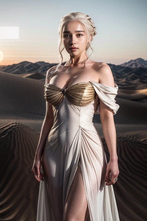 Daenerys Targaryen in the Desert, sexy outfit, sunrise, platinum hair, temptress, desert, photo realistic image of the worlds most beautiful princess, long beautiful legs, amazingly perfect body, showing lots of tantalizing skin, super model status, wearing flowing soft silk white dress, off shoulder dress, see-through dress, perfect cleavage, exquisite, intricate in detail beautiful dark eyes, adorned with gold jewelries, desert background, cinematic shot, sundown silhouette, encompassing, fierce ,savage , and sultry, award winning image 8k 3d octane render, best possible lighting and professional photography