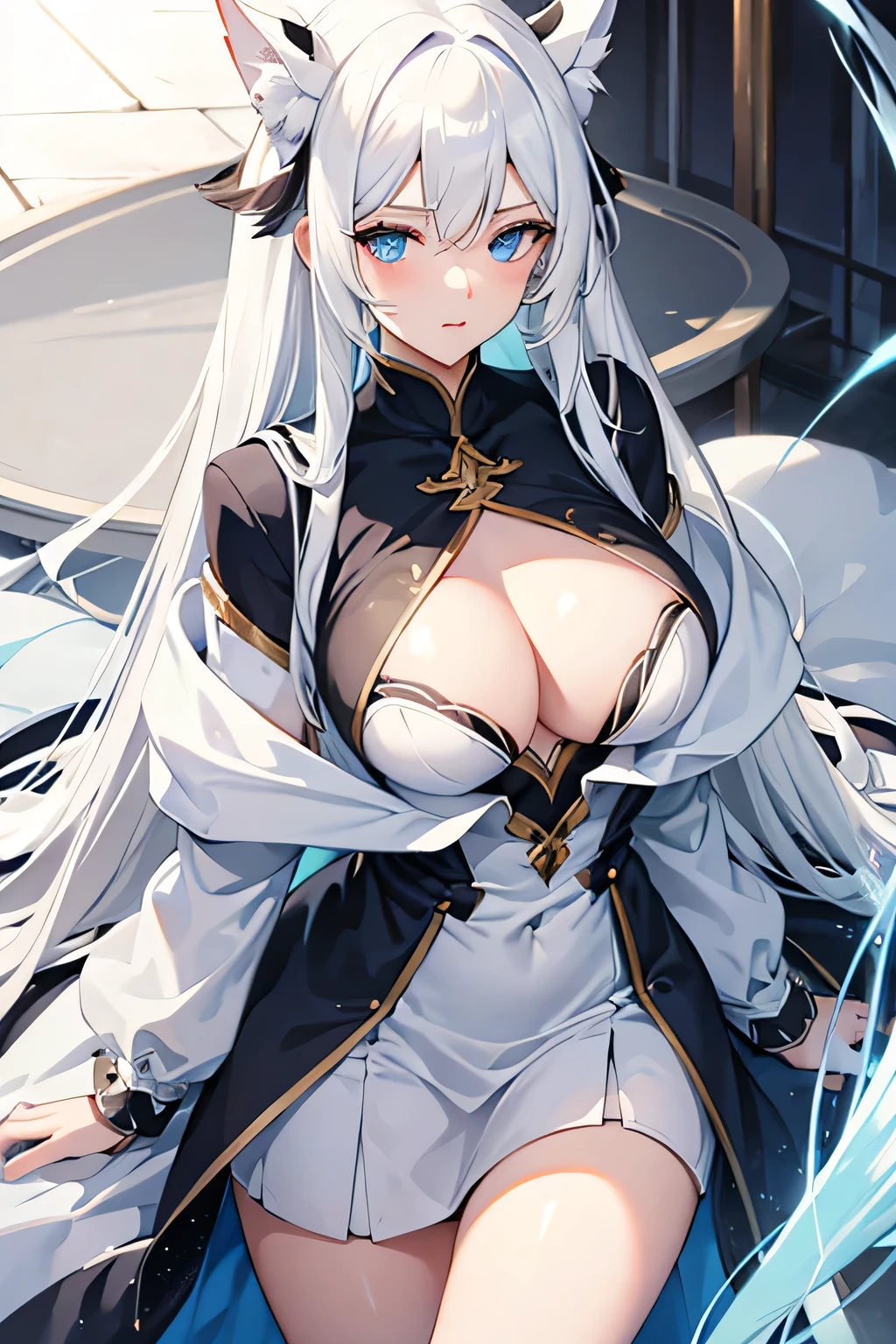 long hair, white hair, blue eyes, large breasts, 