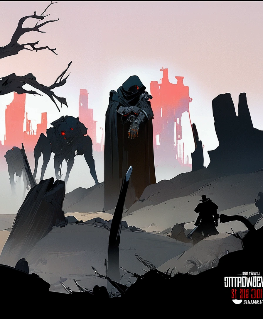 Two gunslingers dueling in the desert, Desert, red sun, scorching sun, arid, silhouette, black clothes, Horizon, far away, Jakub Rebelka style