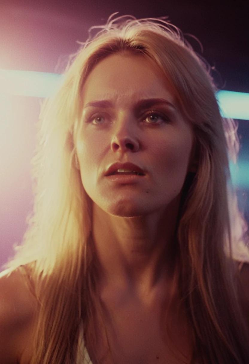 dreamy analog style lighting, 1980 retro synthwave intimate melancholic nostalgia cinematic film extreme macro closeup portrait still of a dreaming norwegian beautiful evil slavic muscular woman, pale skin, long hair, deep in thought, engulfed in strong sunlight and energy beams, dream state