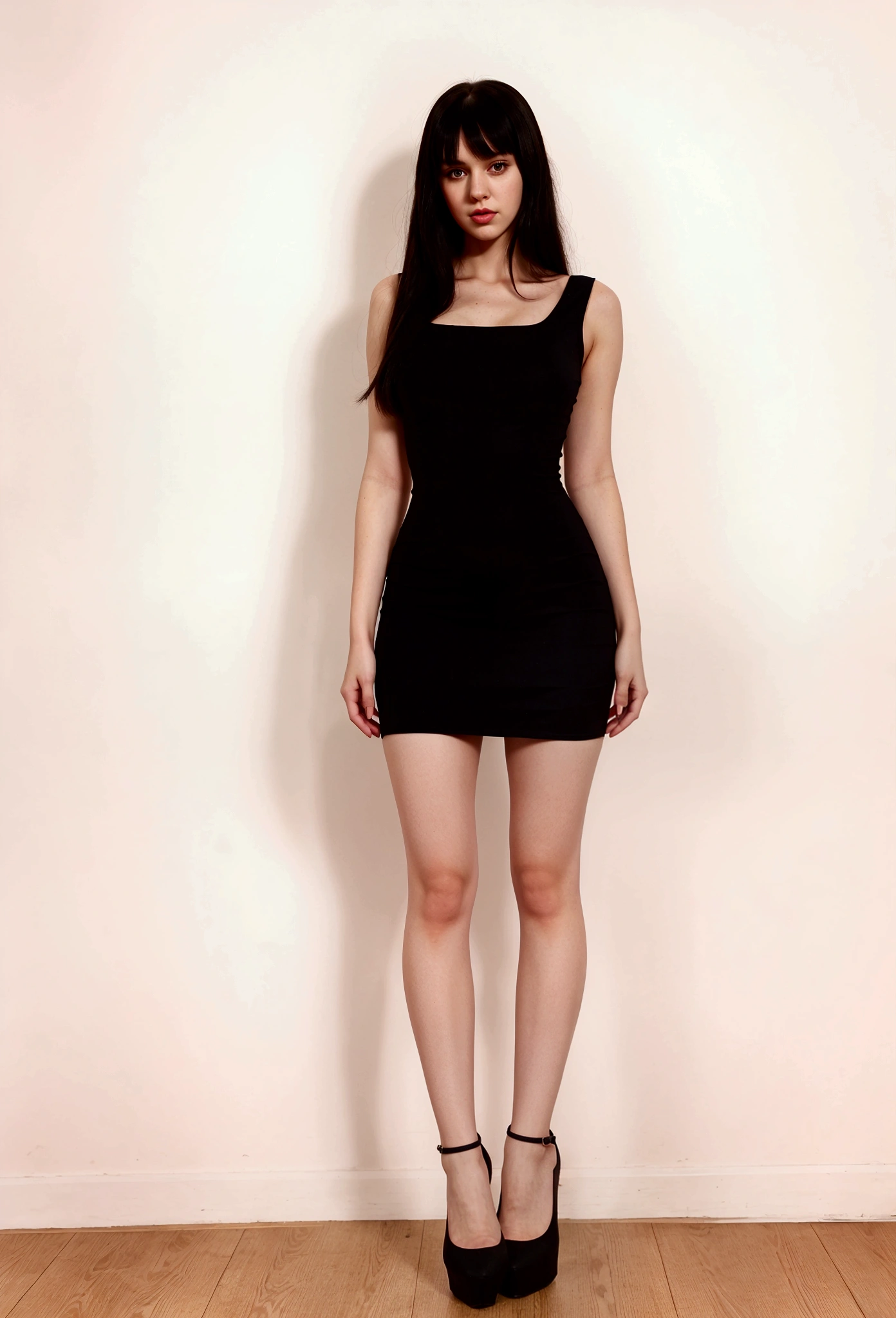 A cute young caucasian girl, (full body full body), black hairr, She is tall and thin, slightly voluptuous body, wear a short tight black dress, wear pink heels