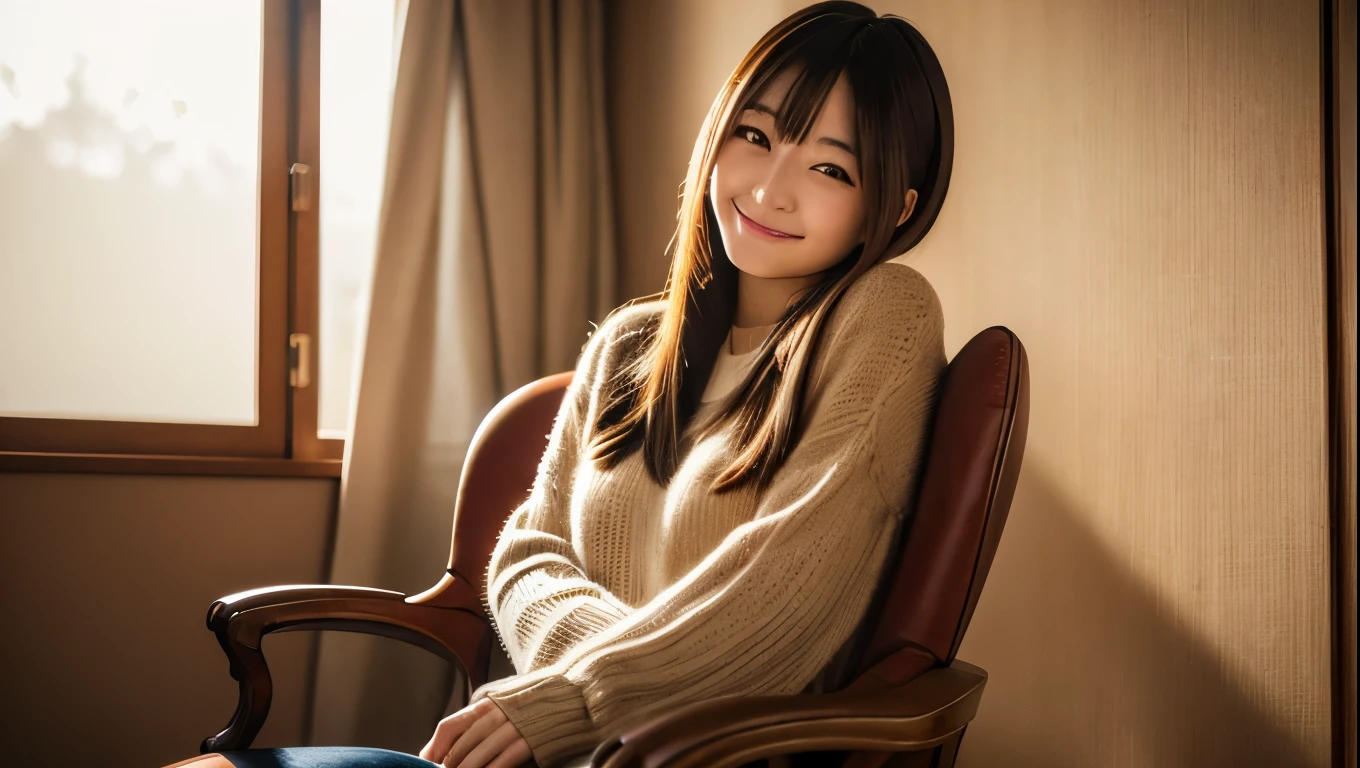 (best quality, masterpiece, ultra detailed, ultra high res, photorealistic, raw photo, absolutely resolution), smile, warm colors, Japanese, 20 year old woman, sitting in a chair, looking straight at me