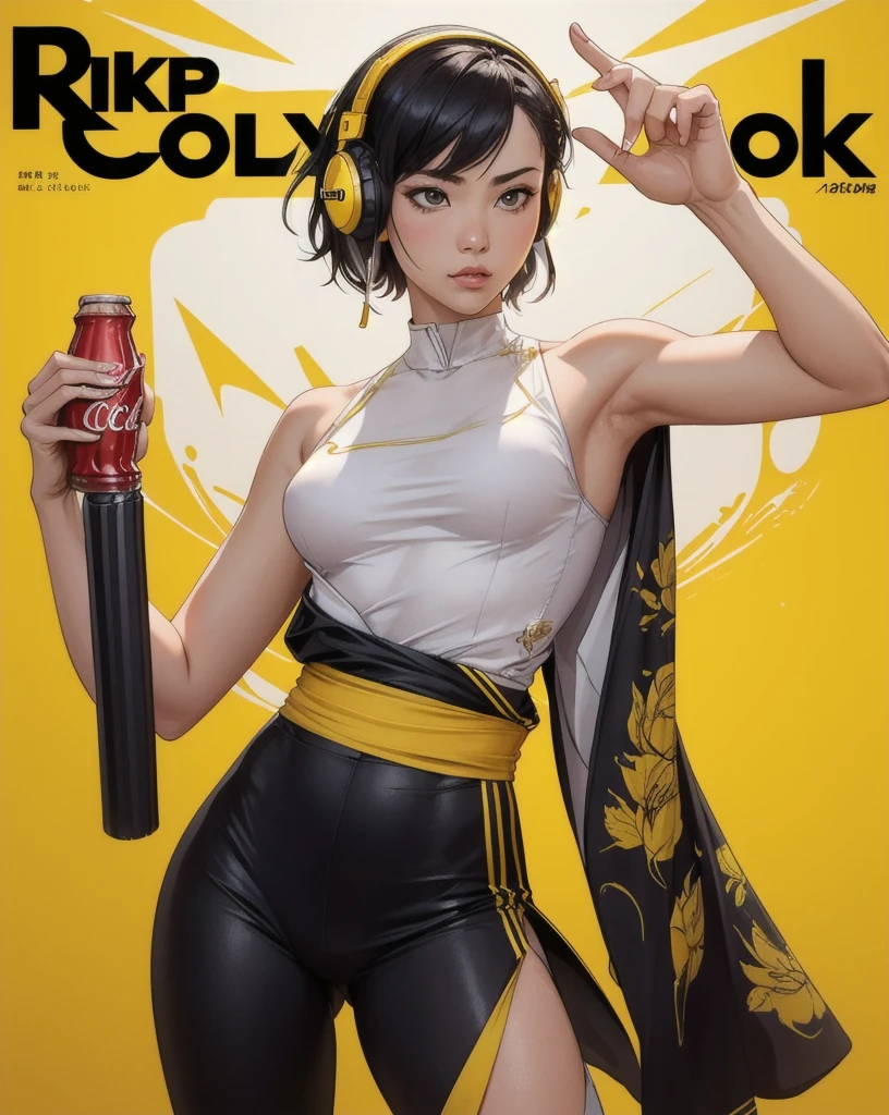 colorfulでダイナミックな背景の前でポーズをとる. Realistic, 8K, masterpiece, RAW Photos, Highest quality, Realistic, 非常に詳細な CG Unity 8K 壁紙, Written boundary depth, Cinematic Light, Lens flare, Ray Tracing, Perfect lighting,short hair, (Delicate skin), (Delicate face), (Pop Background :1.1), Person standing and watching、Comical movement,1 female,The world of the movie Killbill、Headphones,(Yellow background),Modern Style,Artistic,mobile composition,Unique Pattern,Bold Texture,colorful,Imaginative,Whimsical,Vibrant,like々Shii,Playful,Vibrant,creative,Expressive,stylish,tendency,One Girl,Holding a Japanese sword、Coca-Cola Poster、Lemon on the background、Bruce Lee Costume,Eat pizza、