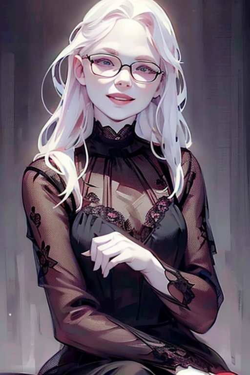 (black lace dress, pantyhose :1.3),Cute 18 yo (albino:1.4)woman of Slavic descent.(short:1.1), long white hair, gray eyes, ((very pale:1.4)),(eyeglasses). Innocent look. Gentle spirit.(virgin),((smile)).Masterpiece, best quality(highly detailed:1.2),(detailed face and eyes:1.2), depth of field, 8k wallpaper, studio lighting, core shadows, high contrast, bokeh.