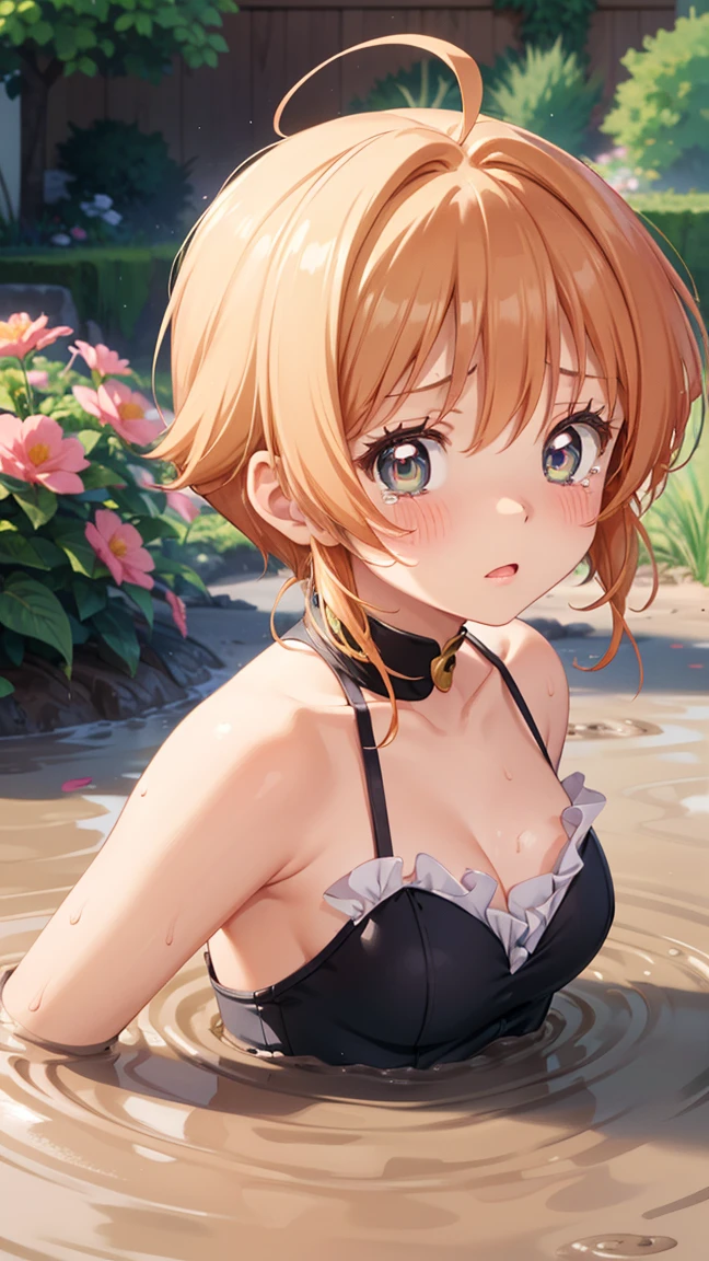 masterpiece, best quality, highres, 1girl, detailed face, blush, anime CG style, ((medium breasts)), (18 year old girl:1.3), (aged up), good lighting, perfect body, sakura kinomoto, glossy lips, looking at viewer, garden, (sinking in mud), ballerina, upset, tears in her eyes, (tutu partially submerged:0.8)