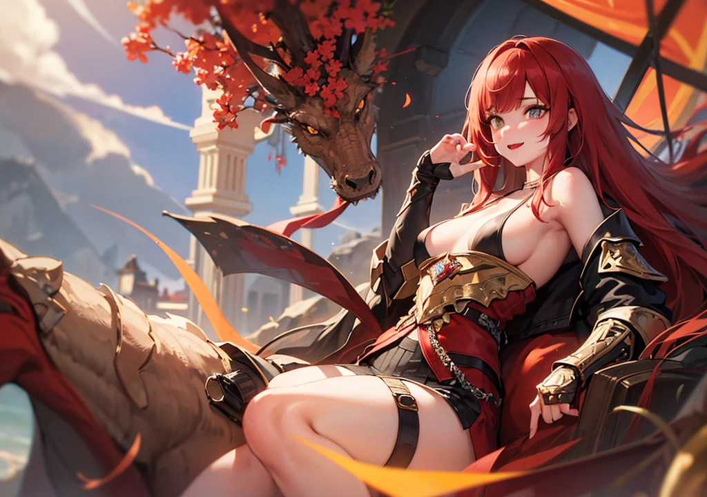 Realistic photos, Focus distance 10mm, Red and white, A big smile, Beautiful girl, Realistic photos, Focus distance 10mmで撮影, masterpiece, 最high quality, high quality, Very detailed CG 8k wallpaper unit, Award-winning photography, Bokeh, Depth of written boundary, High resolution, bloom, chromatic aberration, Realistic, Very detailed, Art Station Trends, CGsociety Trends, Complex, High detail, dramatic, Art on the go, volumetric lighting, Final Fantasy style beautiful girl、Amber Eyes、Red hair shortcuts、Armor engraved with a dragon crest、Dragon and volcano in the background