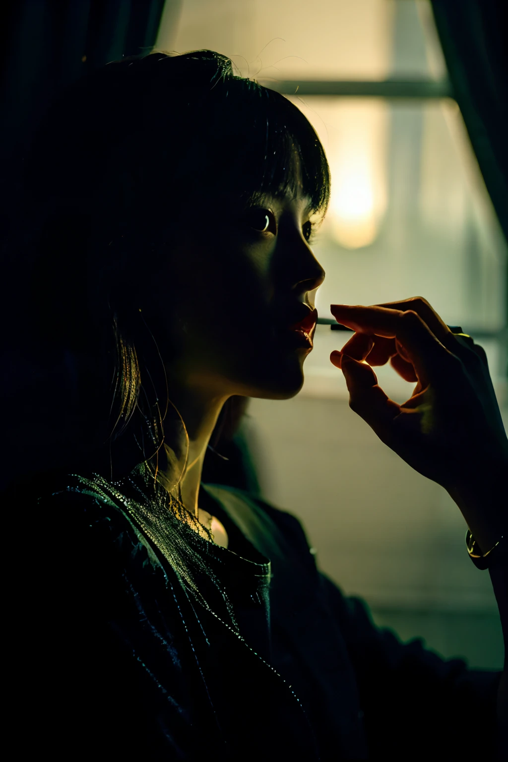 women entering dark to light meny hand pullng back in dark background