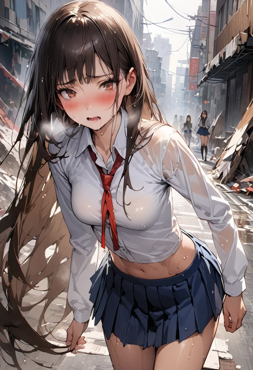 ((masterpiece,Highest quality:1.3,best quality illustration,realistic:1.3)),cowboy shot,独奏,1woman,(18-year-old、Japanese Beauty)、brown hair,long hair,bangs,brown eyes,gorgeous eyes,((very small head:1.3)),blush,Heavy breathing,((very long body:1.2,skinny)),medium breasts,(Red ribbon tie、White collared shirt、Long sleeve navy blue pleated mini skirt、Wet crotch),sweat,gleaming skin,toned body,slender body,walk、on street,Collapsed building、Shibuya.End of the World、