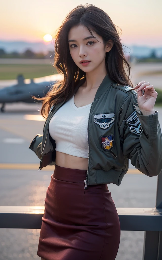 (best quality, 8K, 32k, masterpiece, Ultra HD:1.2), (Practical:1.5), (masterpiece, Highly detailed CG Unity 8K wallpaper, best quality, high resolution:1.2), (Very detailed, Ultra HD:1.2), Photo of extremely cute and beautiful Japanese Miss, (Maroon with long wavy hair:1.2), aldult,（full-body shot） (Detail of beautiful girl:1.4), best quality, Miss, aldult, (U.S. Air Force pilot details:1.5), (Professional bomber sexy jacket:1.3), (White high waist pencil skirt:1.3), (Beautiful sunset US air force base military aircraft take off background:1.2), Laugh shyly:1, Looking at the audience, For the audience, ((Perfect Miss&#39;body of)), (Tight waist:1.2), (Image of the entire body from the knees up:1.3), Thin, Abdominal muscles, (Beautiful breasts:1.25), Assembling the head, wind, Dynamic poses, light, Backlight, Beautifully dressed, Perfect anatomical structure, Perfect proportion, Detailed human body, Fashion model posing,Soft expression、Smile
