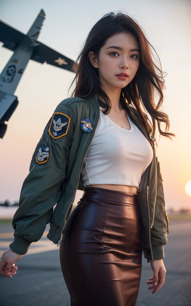 (best quality, 8K, 32k, masterpiece, Ultra HD:1.2), (Practical:1.5), (masterpiece, Highly detailed CG Unity 8K wallpaper, best quality, high resolution:1.2), (Very detailed, Ultra HD:1.2), Photo of extremely cute and beautiful Japanese Miss, (Maroon with long wavy hair:1.2), aldult,(full-body shot) (Detail of beautiful girl:1.4), best quality, Miss, aldult, (U.S. Air Force pilot details:1.5), (Professional bomber sexy jacket:1.3), (White high waist pencil skirt:1.3), (Beautiful sunset US air force base military aircraft take off background:1.2), Laugh shyly:1, Looking at the audience, For the audience, ((Perfect Miss'body of)), (Tight waist:1.2), (Image of the entire body from the knees up:1.3), Thin, Abdominal muscles, (Beautiful breasts:1.25), Assembling the head, wind, Dynamic poses, light, Backlight, Beautifully dressed, Perfect anatomical structure, Perfect proportion, Detailed human body, Fashion model posing,Soft expression、Smile