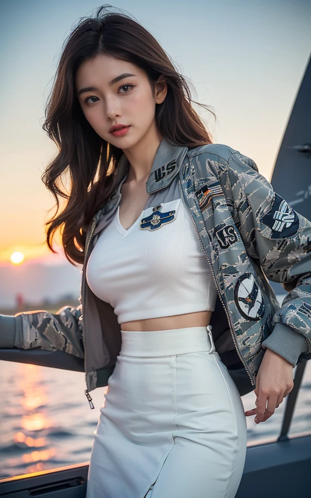 (best quality, 8K, 32k, masterpiece, Ultra HD:1.2), (Practical:1.5), (masterpiece, Highly detailed CG Unity 8K wallpaper, best quality, high resolution:1.2), (Very detailed, Ultra HD:1.2), Photo of extremely cute and beautiful Japanese Miss, (Maroon with long wavy hair:1.2), aldult,(full-body shot) (Detail of beautiful girl:1.4), best quality, Miss, aldult, (U.S. Air Force pilot details:1.5), (Professional bomber sexy jacket:1.3), (White high waist pencil skirt:1.3), (Beautiful sunset US air force base military aircraft take off background:1.2), Laugh shyly:1, Looking at the audience, For the audience, ((Perfect Miss'body of)), (Tight waist:1.2), (Image of the entire body from the knees up:1.3), Thin, Abdominal muscles, (Beautiful breasts:1.25), Assembling the head, wind, Dynamic poses, light, Backlight, Beautifully dressed, Perfect anatomical structure, Perfect proportion, Detailed human body, Fashion model posing,Soft expression、Smile