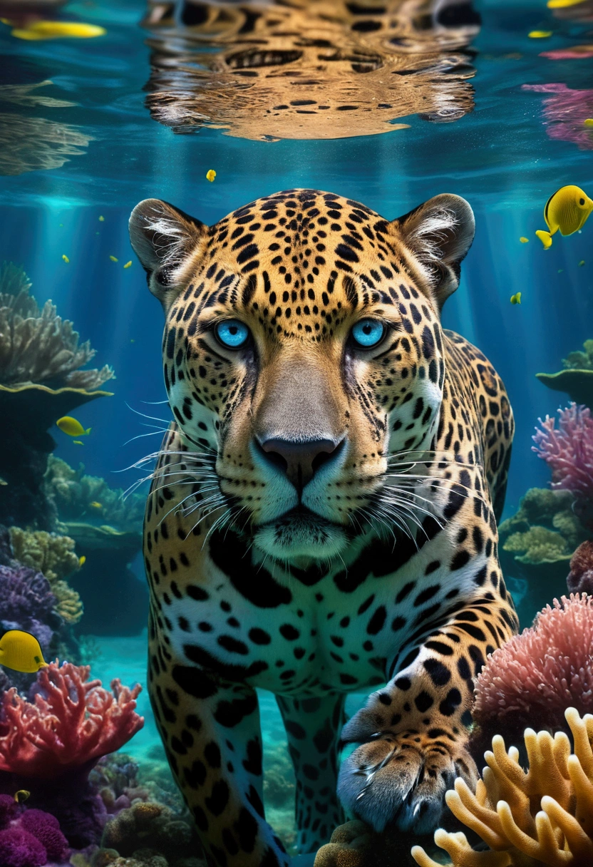 ​masterpiece,top-quality,Big underwater jaguar,Deep sea scenery,Beautiful detailed eyes,Ultra-detailed fur,Floating seaweed,dreamy colors,Soft lighting,hight resolution,nffsw,Ethereal scene in the water,Marine life,Mysterious atmosphere,Tranquility and peace,Underwater coral reefs,Sunlight penetrating the surface of the water,Onylic Landscape,Dreamy underwater journey,Bright blue tones,Magical creatures,peaceful expression