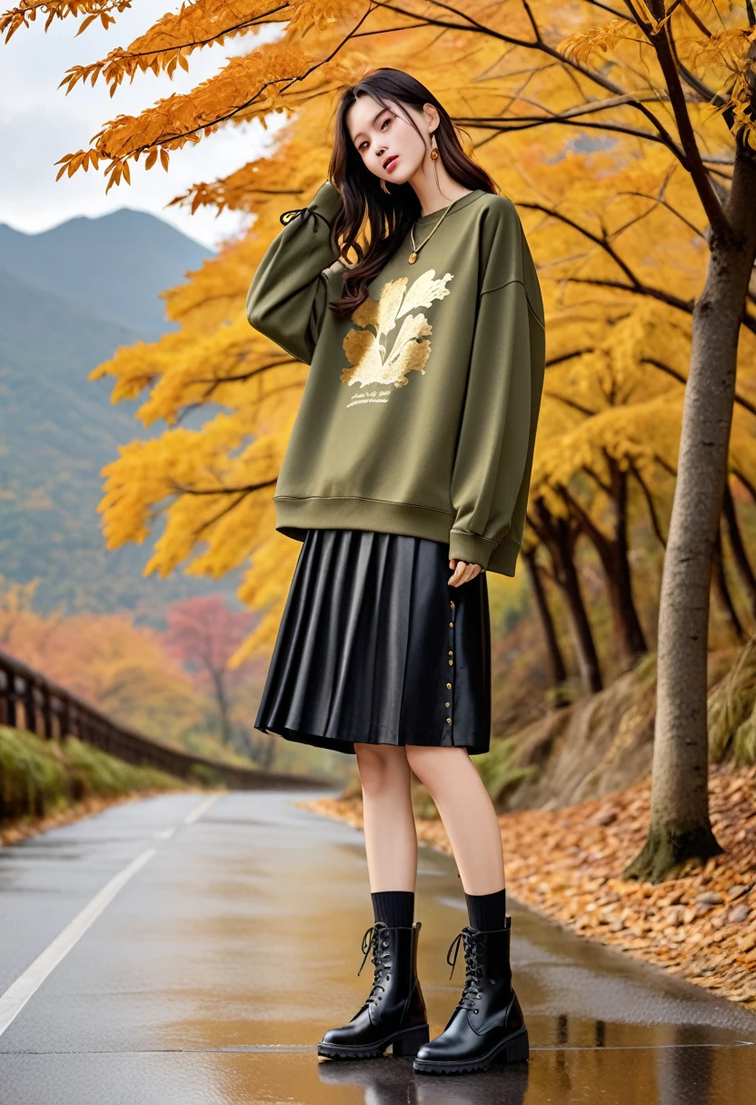 "After the rain in the empty mountain,Theme: "Late Autumn",Print the poem on the sweatshirt in gold foil,Color: Army Green。The sweatshirt is loose-fitting,Button trim at cuffs。With a black skirt and black boots,Show a fashionable personality