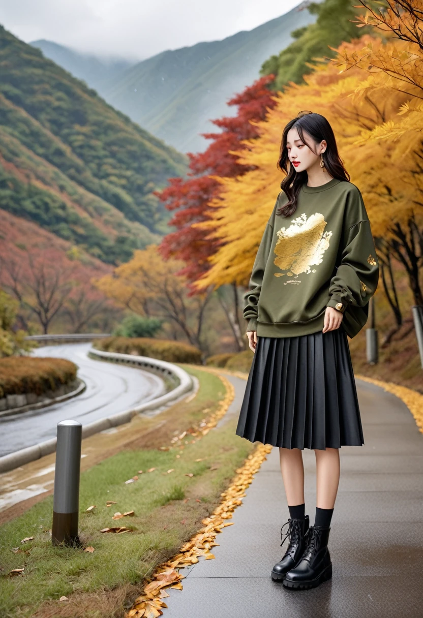 "After the rain in the empty mountain,Theme: "Late Autumn",Print the poem on the sweatshirt in gold foil,Color: Army Green。The sweatshirt is loose-fitting,Button trim at cuffs。With a black skirt and black boots,Show a fashionable personality