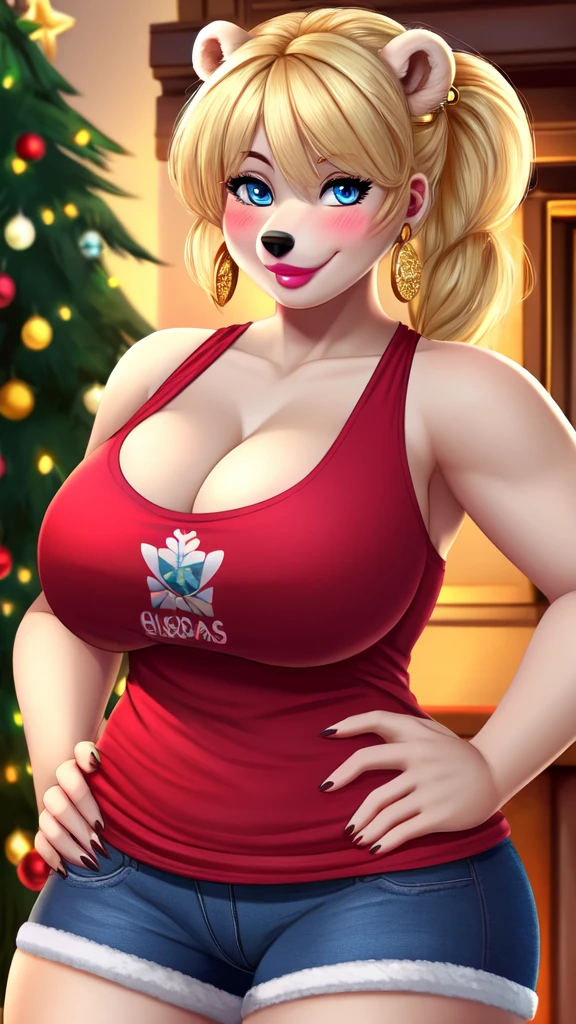 Blonde polar bear woman, wearing a Christmas tank top and jean shorts, perfect face, blue eyes, big breasts, cleavage, three-quarter view, solo, smile, perfect detailed body, pink lipstick, gold earring, hand on hips, blushing