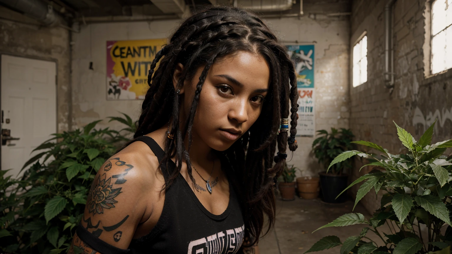 stylized artwork of soft filter. grunge filter. photorealistic. 8k. cinematic, very high resolution. maximum resolution. ultra realistic. unique beautiful face, realistic face, retro grunge photo ascetic. grunge city graffiti , sexy tattooed black-dreadlocks teen cute sexy ebony girls, in marijuana plants buds crop, red gym outfit