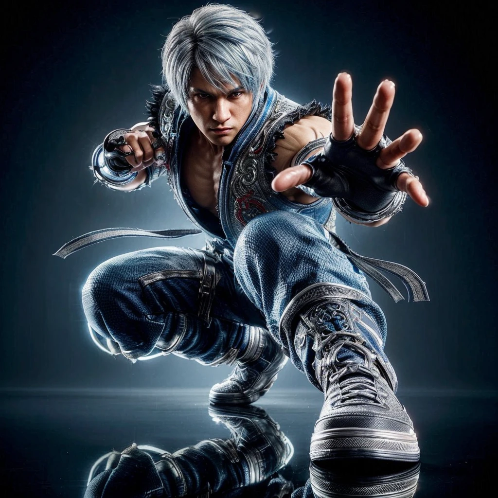 HDR+, ornate details, full body view, a man wearing Tekken game style clothing, silver hair with blue highlights, in defensive pose, surface reflection, extending one arm forward, determined gaze, 3/4 angle view, very detailed