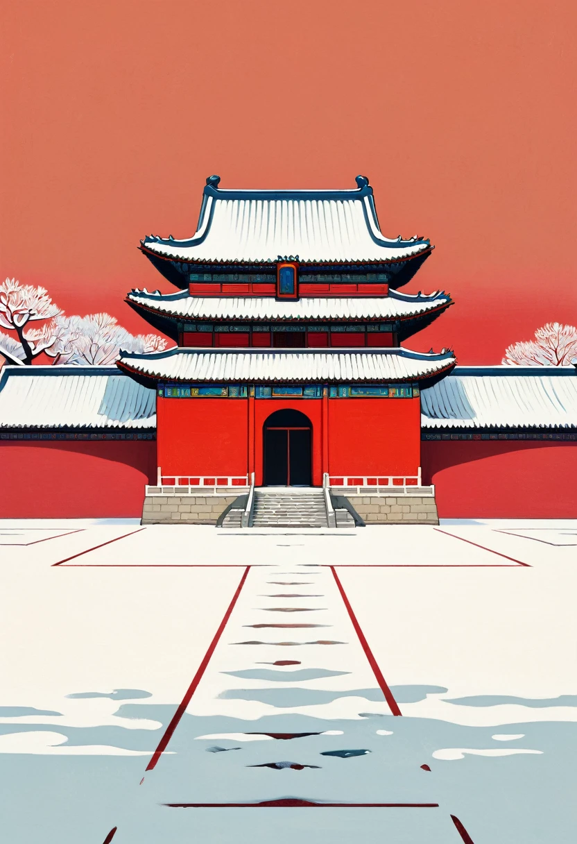 Flat，geometry，flat，Vector，Minimalism，Alan Craddock，Chinese buildings in the distance，palace, symmetry，Snow White，Red background，Minimalism风格，Top 50%blank，Integrating into the art of Van Gogh，The 3-point composition rule