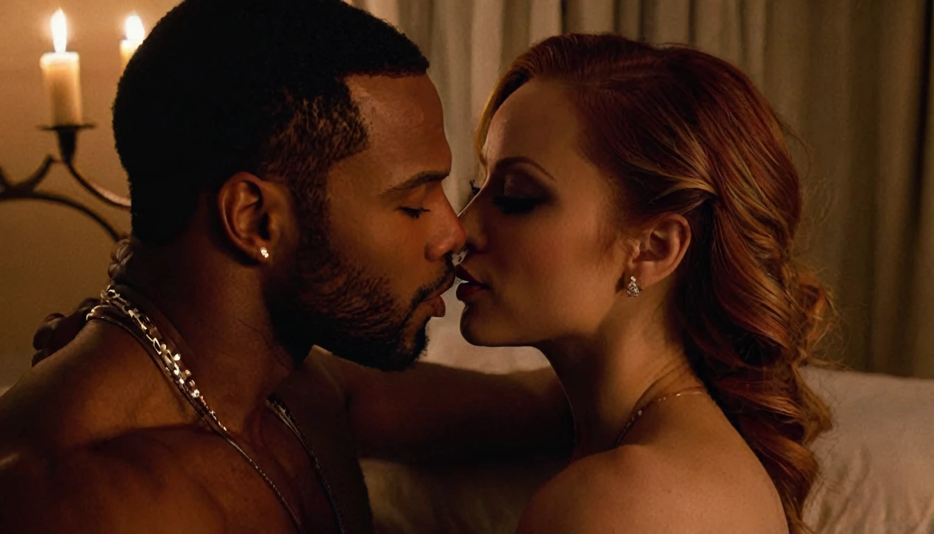 Maitland Ward and a handsome African American male whose facial features are a combo of Devon Terrell + Isaiah Mustafa + Nathan Mitchell share a steamy kiss inside a bedroom lit only by candlelight. Maitland has lovely makeup on her face. Nighttime. Romantic ambiance. Symmetrical eyes. Symmetrical faces. Lovely details. Photorealistic. Full-colored photo. Professional photo. Highly detailed 8K.