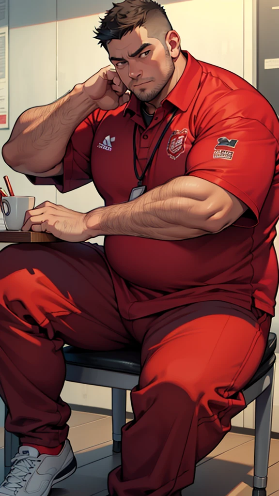 A man, fat, fat,fat,physical education teacher,very short hair, wide shirt,Red jersey jacket,middle aged, masterpiece, highest quality,Sitting in a chair,Red jersey trousers,round face,Wearing a whistle around his neck,