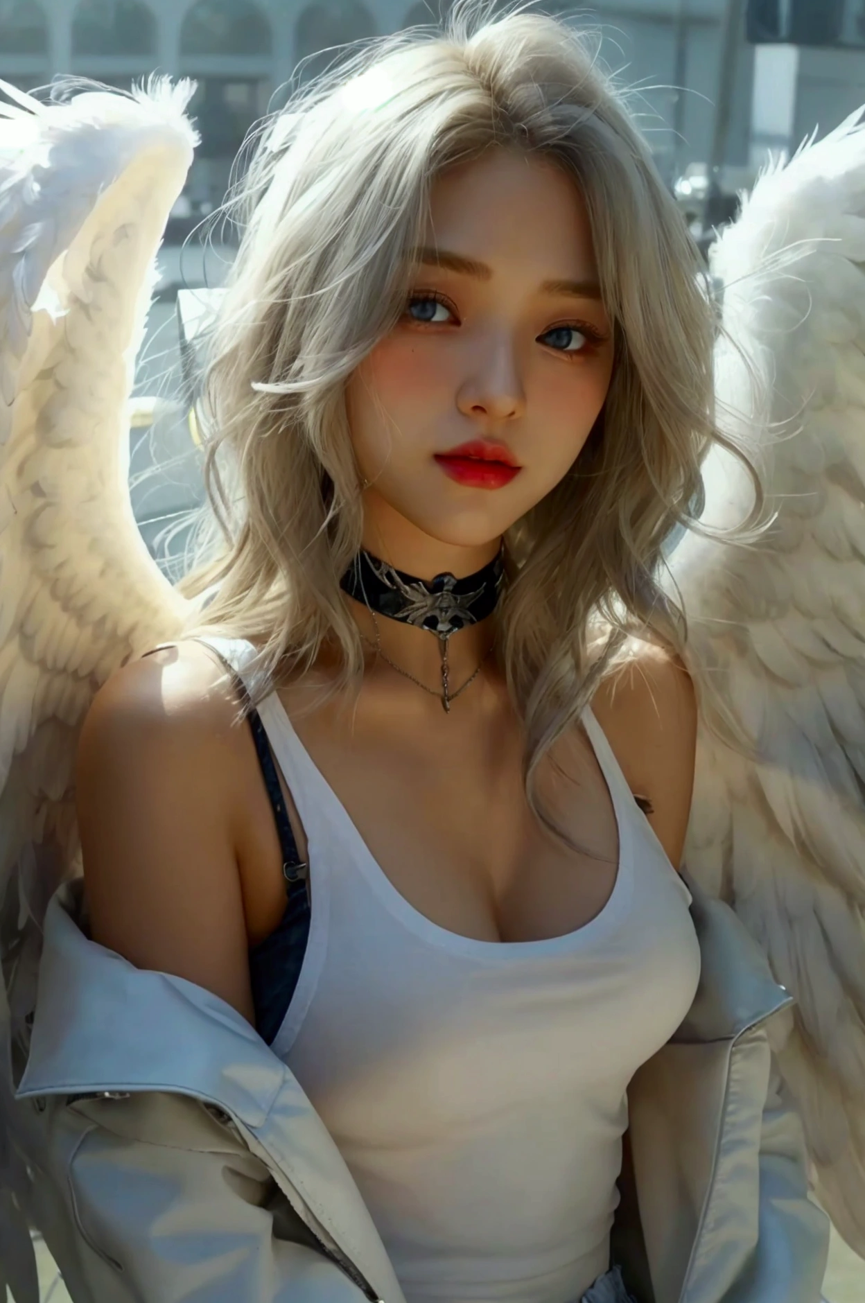 1girl, medium breasts, blonde hair, long hair, wavy hair, grey eyes, white feathered wings, angel, outdoors, white jacket, choker, tank top, jeans