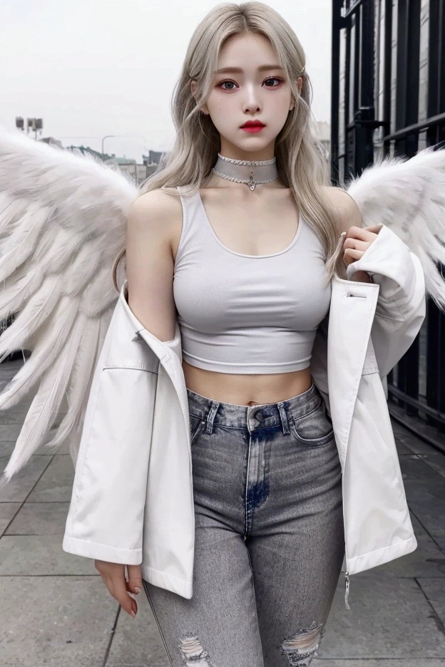1girl, medium breasts, blonde hair, long hair, wavy hair, grey eyes, white feathered wings, angel, outdoors, white jacket, choker, tank top, jeans
