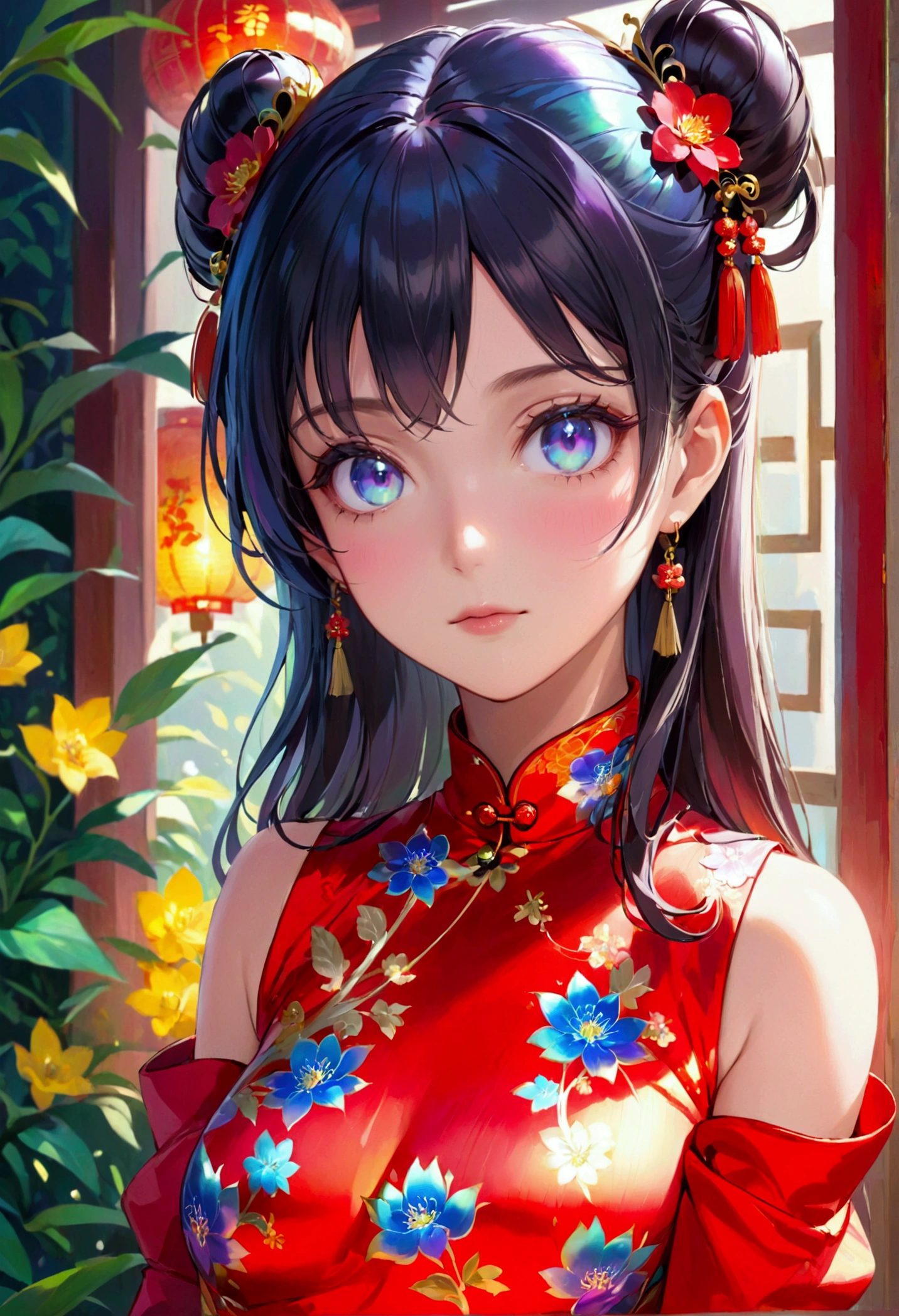 (masterpiece), best quality, expressive eyes, perfect face, Girl,long dark iridescent hair, iridescent eyes, small waist, small breast , large thighs,large ass, cheongsam