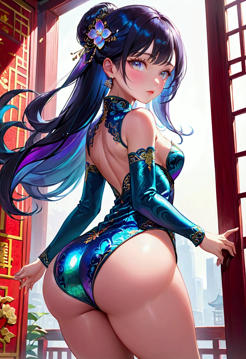 (masterpiece), best quality, expressive eyes, perfect face, Girl,long dark iridescent hair, iridescent eyes, small waist, small breast , large thighs,large ass, cheongsam