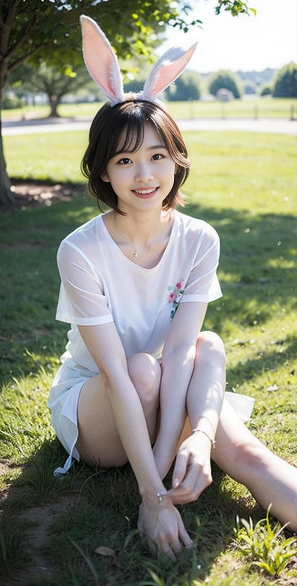 ((masterpiece,best quality)),1 Girl, Solitary, animal ears, rabbit, barefoot, Knees up, skirt, sit, rabbit ears, Short sleeve, Looking at the audience, Grass, short hair, Smile, White hair, Puff sleeves, outdoor, puffy Short sleeve, Bangs, on the ground, whole body, animal, white skirt, Sunlight, Brown eyes, dappled Sunlight, sky, Depth of Field