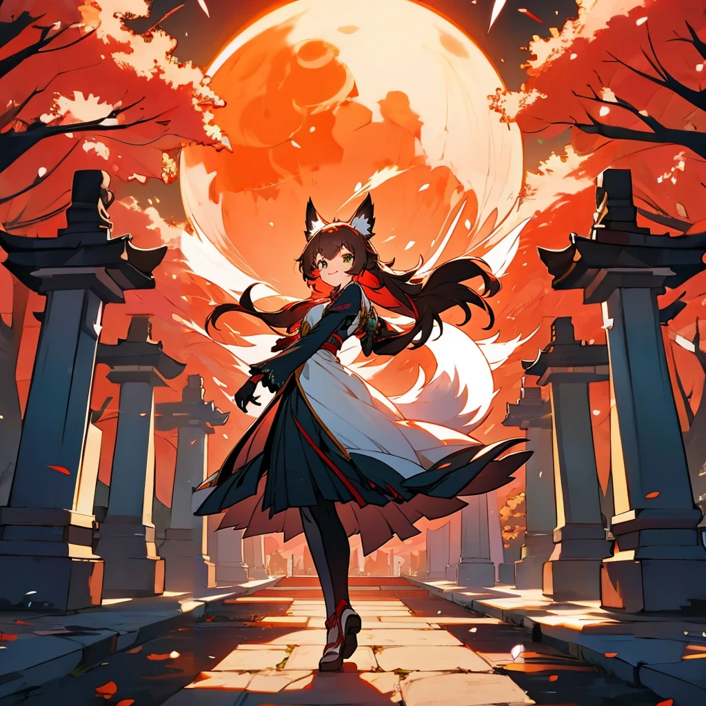 kawaii, anime, Cute, hyper quality, highly detailed, 16k, Front facing, Clarity, full body, smile, Inciting point of view, fox, A girl and a pure white fox, long brown hair, green eyes, yukata, cobblestone, red torii, A row of red torii gates, creepy laughter, worship path, cloudless dusk, Red Moon, A large number of black crows fly overhead, The black feathers of the crow are dancing, Shining big tree, Fantastic, evening, I have a pure white fox, White plum blossoms at my feet, carrying a fox, turn half your body, red sky without clouds, ominous, fox ears, wear a fox mask on your head, lined with trees, Crow wings grow on the girl's back, row of tall trees, light dances, spark effect, white kiwi flowers at my feet,