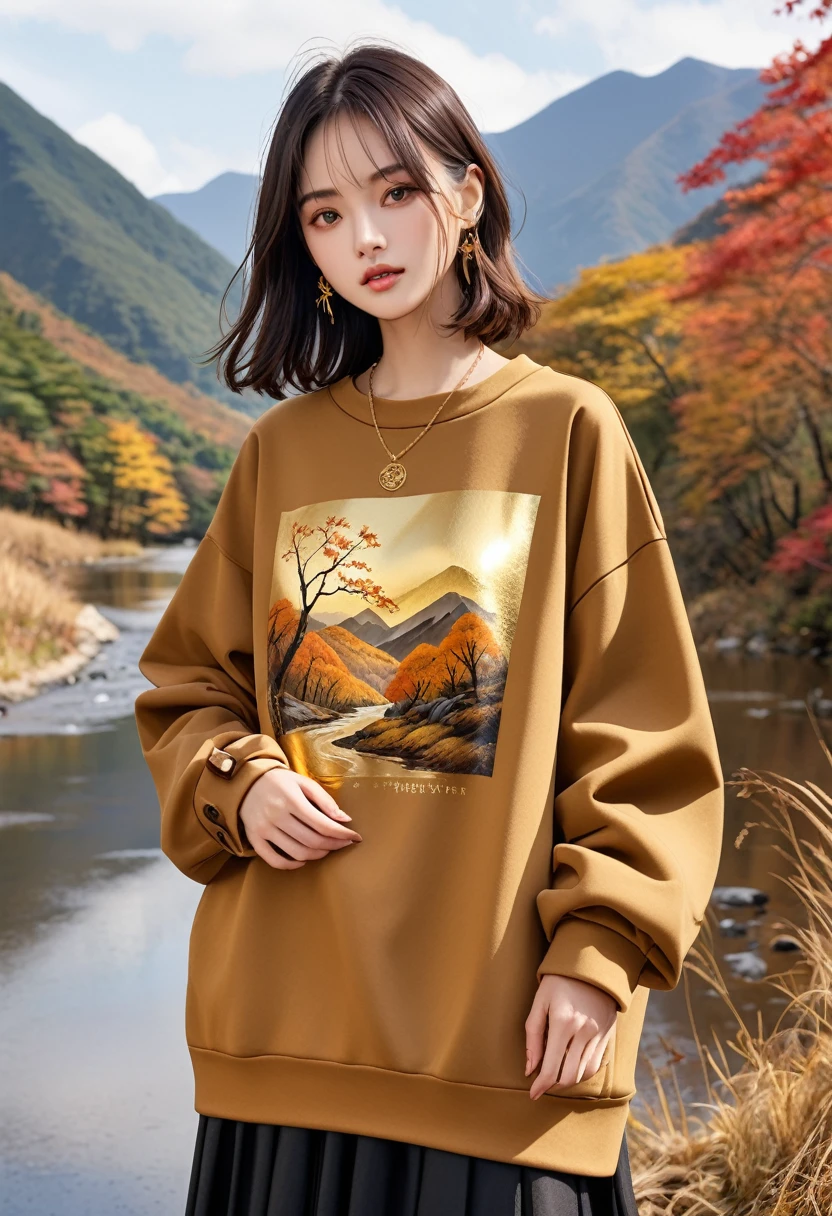 "After the rain in the empty mountain,Theme: "Late Autumn",Print the poem on the sweatshirt in gold foil,Earth tones。The sweatshirt is loose-fitting,Button trim at cuffs。With a black skirt and black boots,Show a fashionable personality