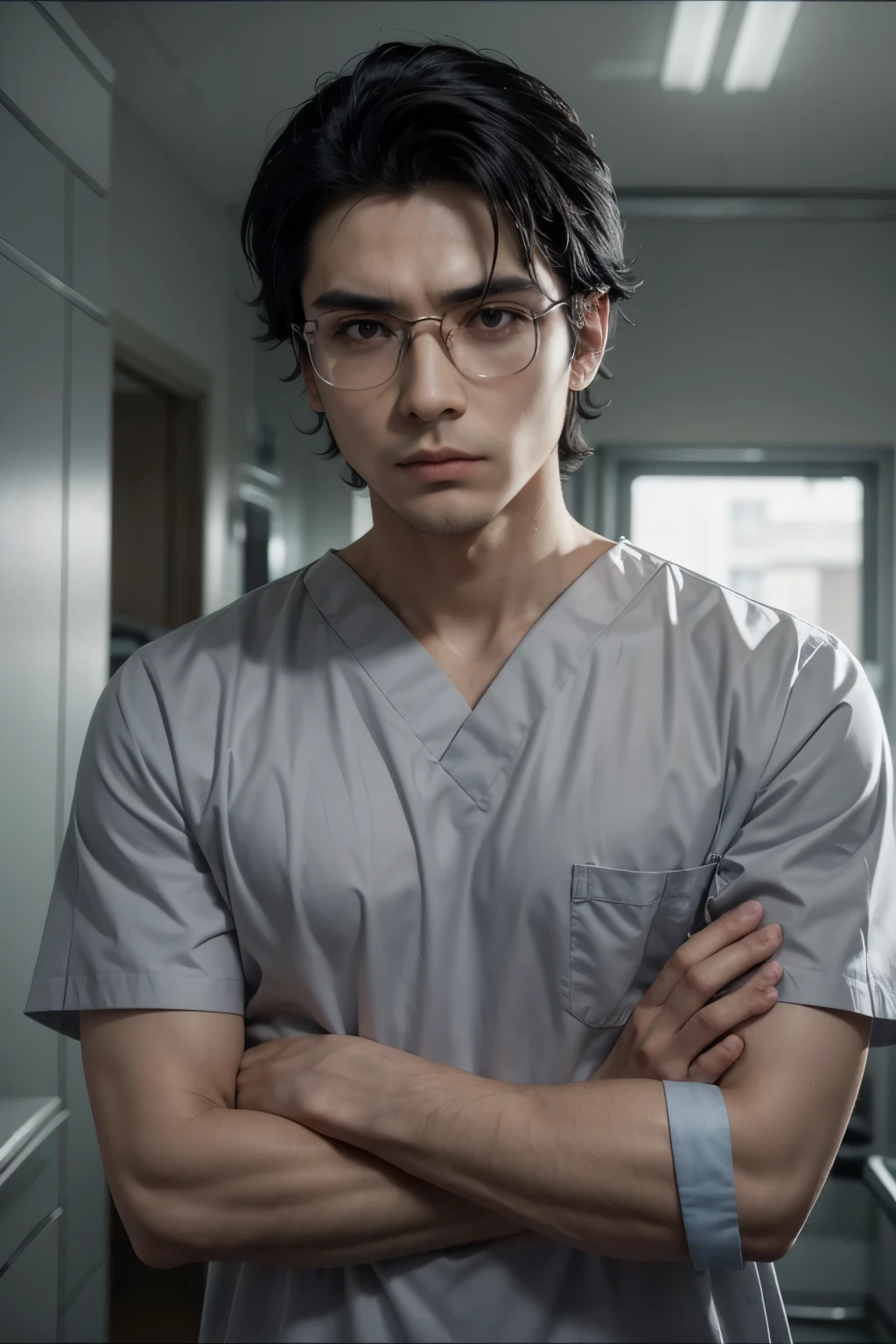1 chico, Alone, (black hair combed to the right side, with gray square lenses), (comic inspired) With white surgical uniform, with arms crossed looking at the camera