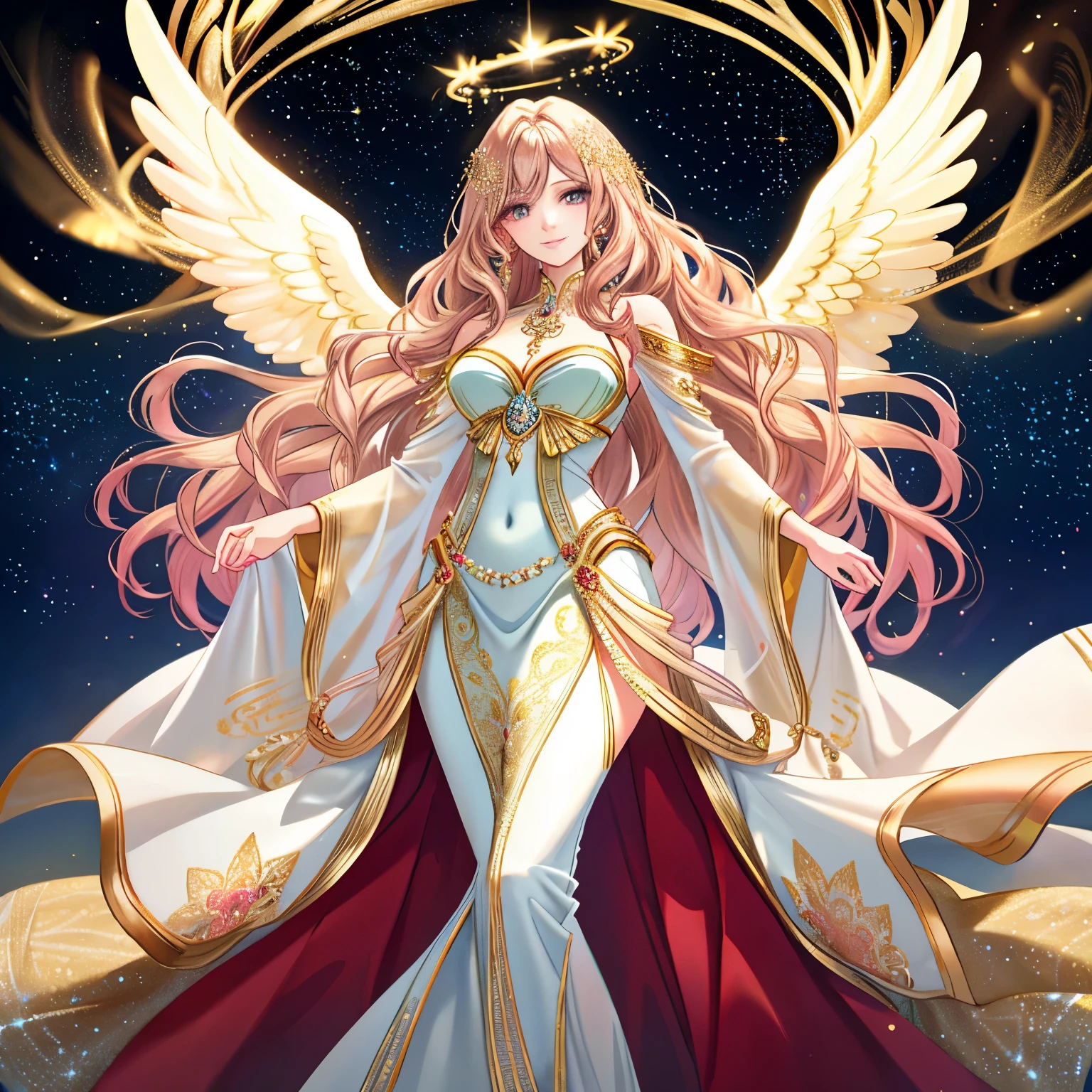 (masterpiece, best quality), (ultra-detailed), super high resolution, (Top Quality photorealistic Illustration), (Super Definition), (cute illustration:1.3), (high Saturation:1.2), detailed beautiful face and eyes, (an extremely delicate and beautiful), (nice hands, perfect hands), (appropriate posture), (appropriate configuration), ideal ratio body proportions, (ultra-ultimate beautiful), (golden aura, prosperity symbols, lucky charms), (intricate patterns, luxurious details), (clear boundaries, highly detailed and beautiful), (gold, blue, green, light blue, yellow, silver, deep red, pink, wine red, dark brown, light purple), (768x768), (angel wings, halo, ethereal glow), (golden coins, treasure chest, sparkling gems), (radiant light, shadows), (elegant dress, flowing robes), (slim waist, curvy figure), (long flowing hair, golden highlights), (serene expression, confident smile), (dynamic pose, graceful movement), (mythical background, celestial scenery), (artistic, ultimate, perfect, extraordinary, groundbreaking, astonishing, overwhelming, unique, pioneering, innovative), (detailed background with celestial elements, stars, and galaxies), (elegant dress with intricate golden embroidery, flowing robes that shimmer), (slim waist, curvy figure, delicate hands), (long flowing hair with golden highlights, styled in soft waves), (serene expression with a confident smile, eyes sparkling with wisdom), (dynamic pose, graceful movement, ethereal glow around the figure)
