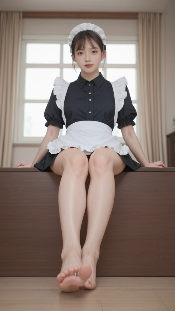 (score_9,score_8_up,score_7_up,),1girl,solo,maid,maid headdress,looking at viewer,apron,brown hair,indoors,black hair,bare foot,feet focus,two feet,